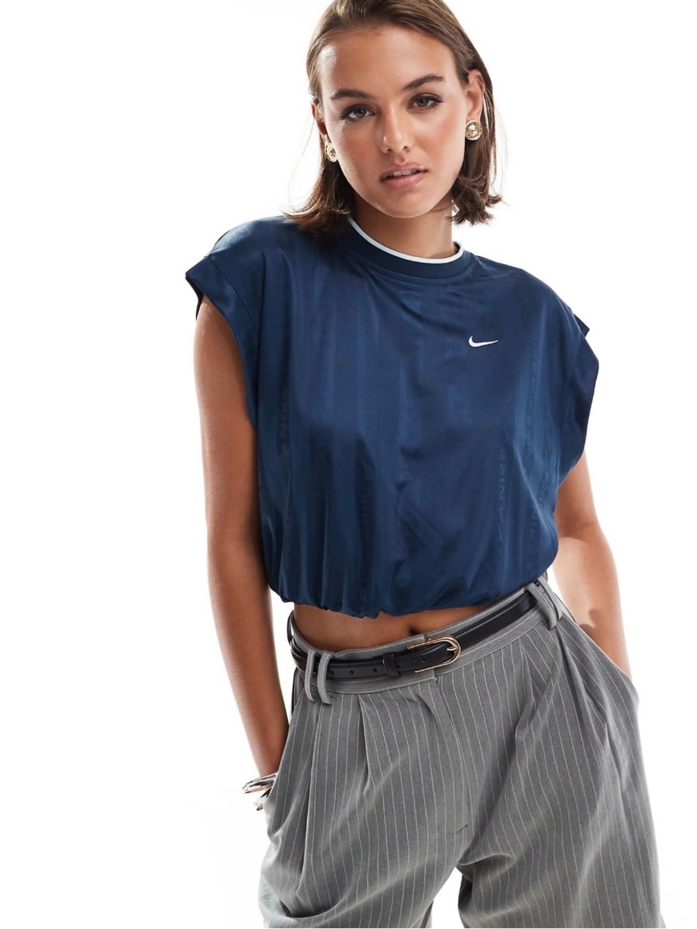 Nike Navy Cropped Sleeveless Athletic Top with White Logo